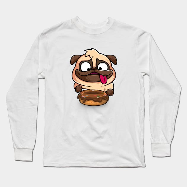 Hungry Dog, Pug, Love, Eating, Donut, Cute, Dog Lover, Gift, Funny Long Sleeve T-Shirt by FashionDesignz